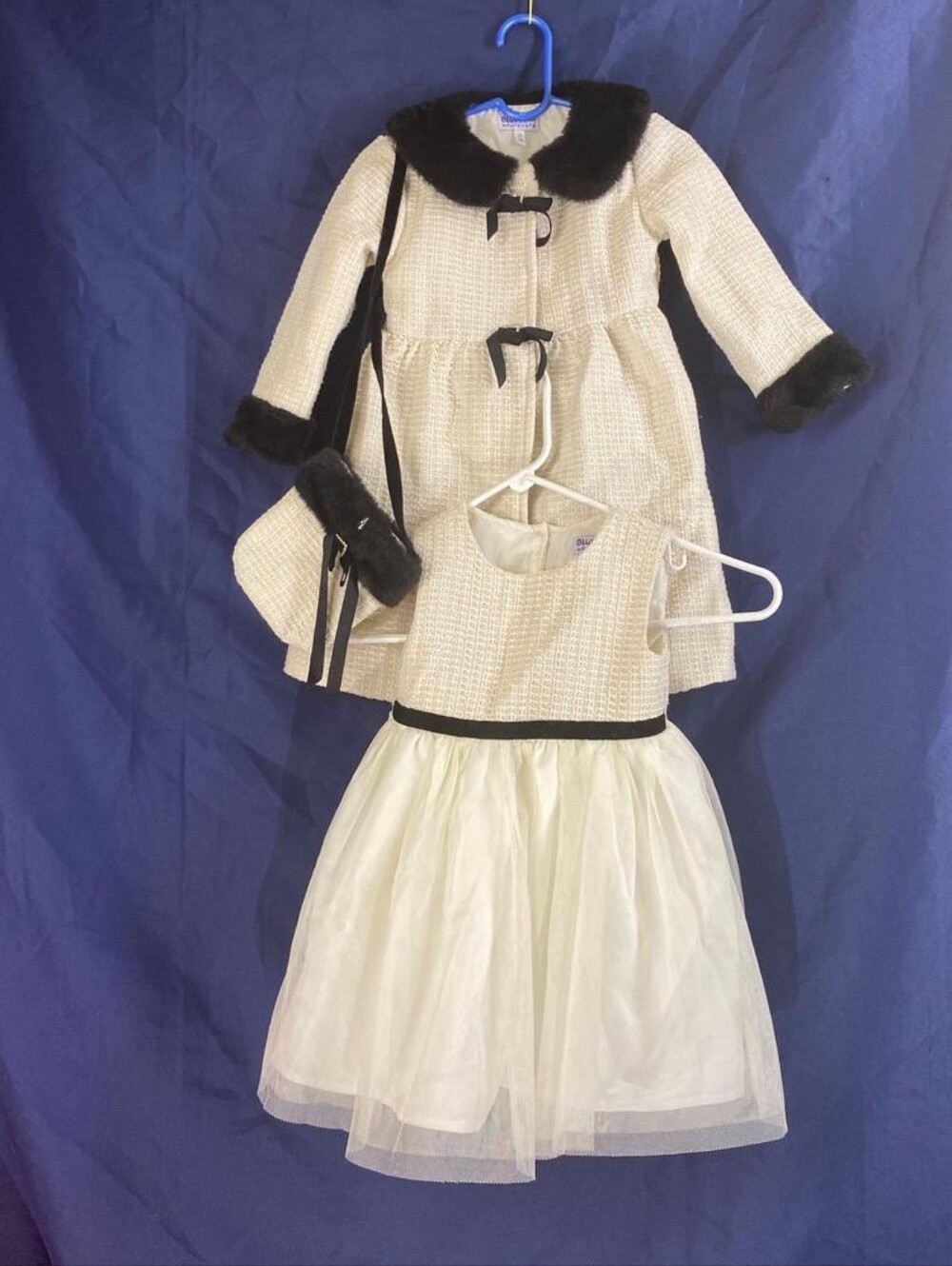 ): Blueberi Boulevard Girl Tweed Dress Coat Purse Set 3T Holiday Party Cream